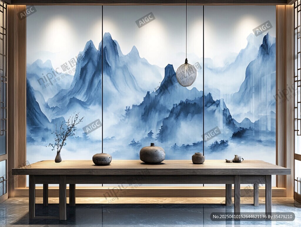 中式山水背景墻茶室場景