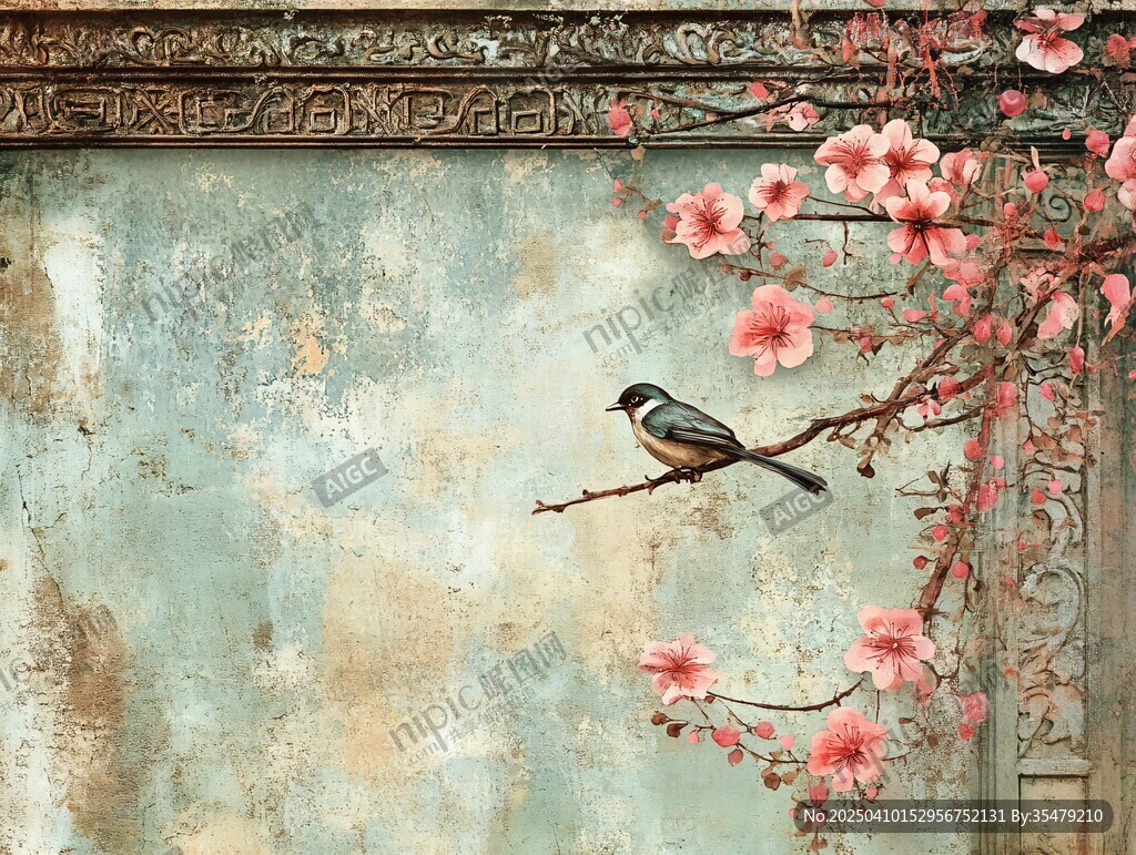 古墻花枝上的休憩小鳥(niǎo)