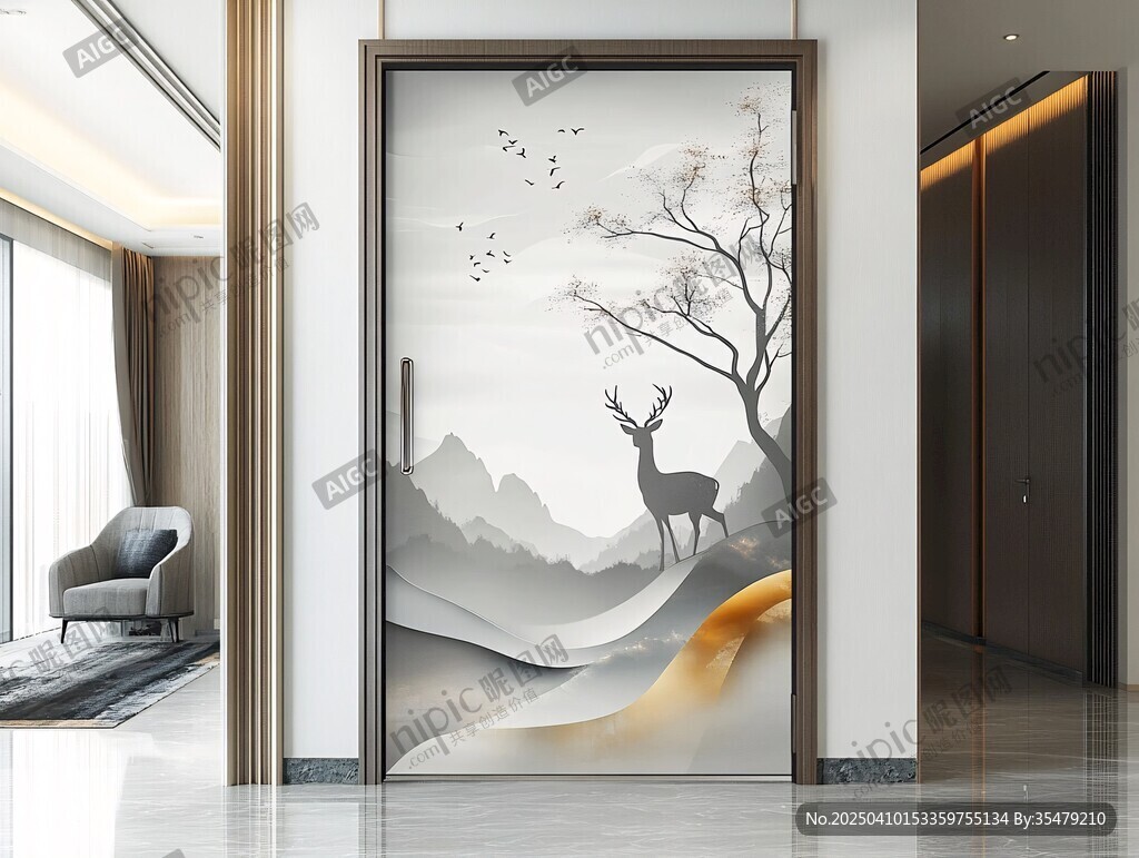 中式鹿景入戶門藝術(shù)畫面