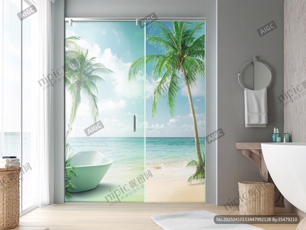 海邊椰林浴室玻璃門美景