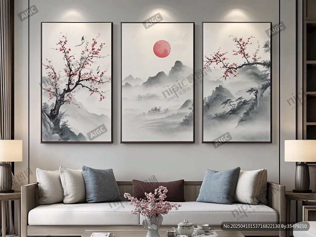 中式客廳三聯(lián)山水梅花掛畫