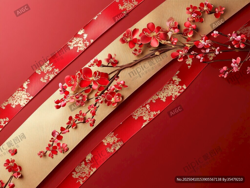 紅底金紋間的爛漫紅梅