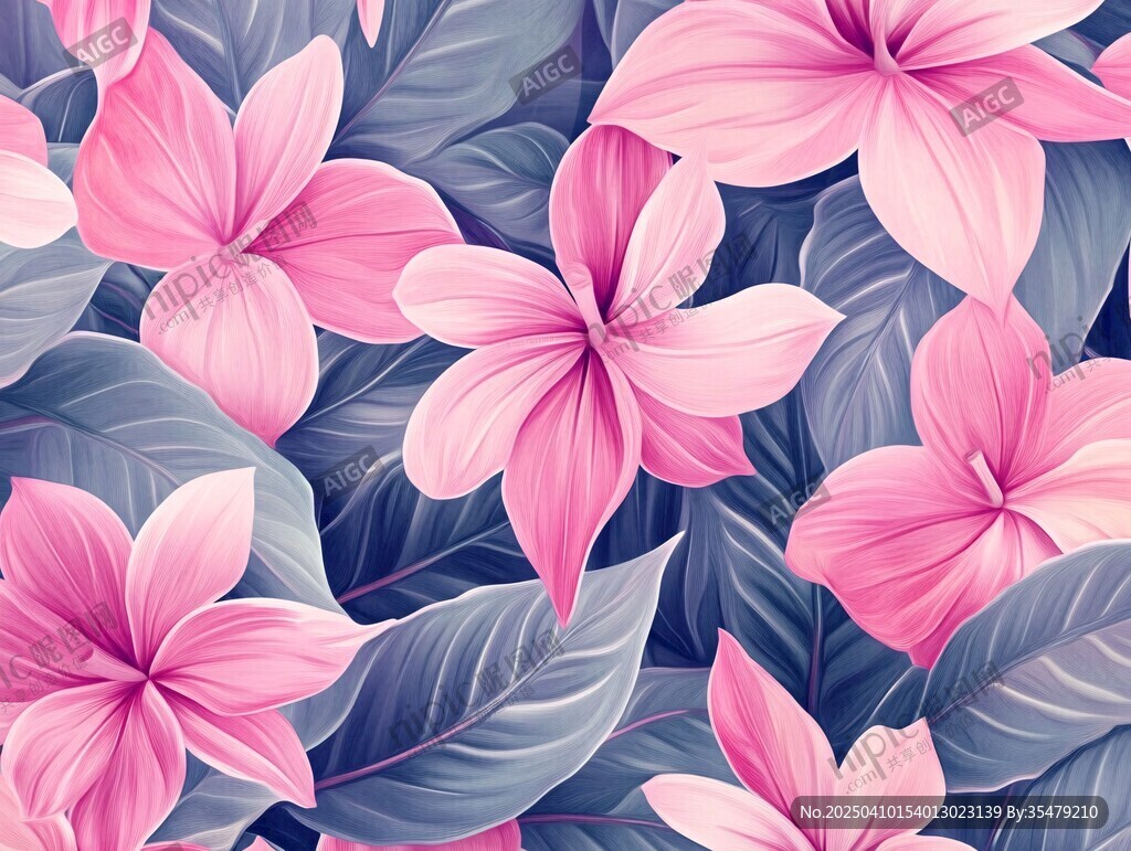 粉色花卉與綠葉精美圖案