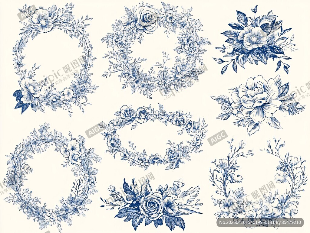藍調花卉花環(huán)裝飾圖案集