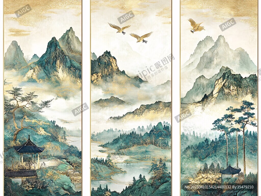 山水墨韻三聯畫意境悠遠