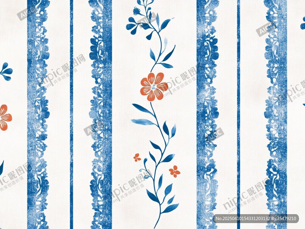 藍(lán)白花卉條紋水彩圖案