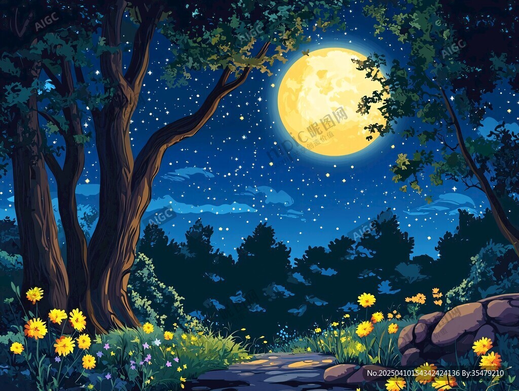 月夜下的森林小徑與繁花