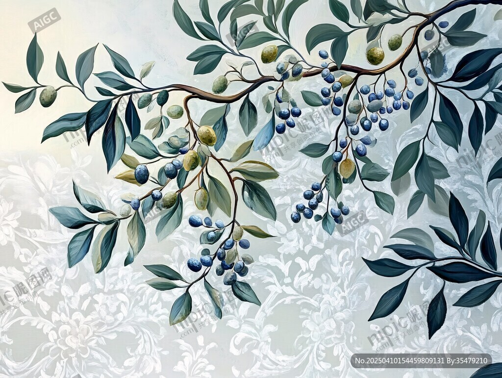 藍綠橄欖枝裝飾藝術插畫