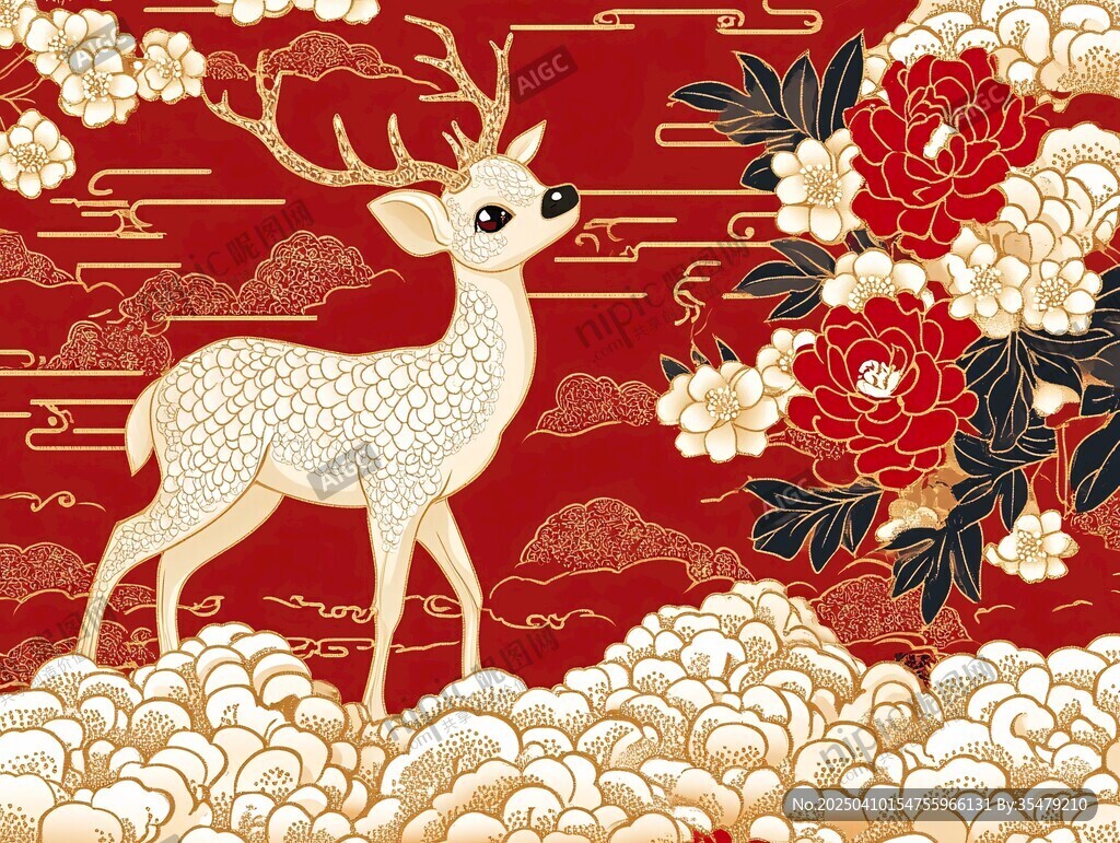 瑞鹿呈祥 牡丹繁花賀吉慶