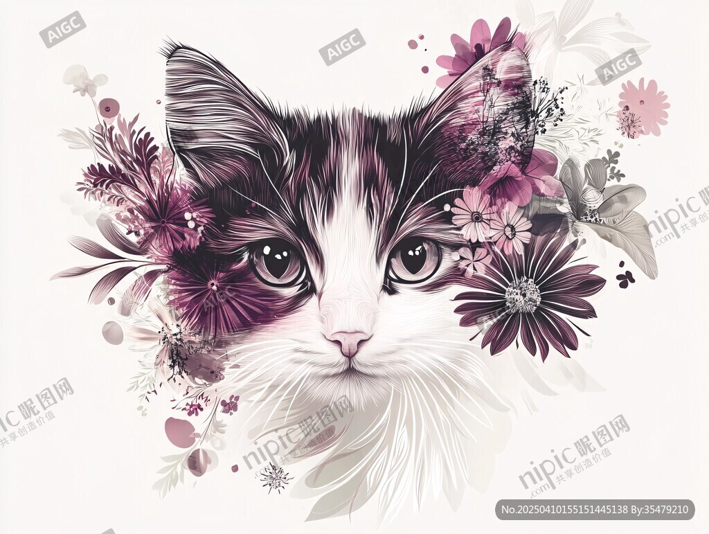 夢幻花卉貓咪插畫