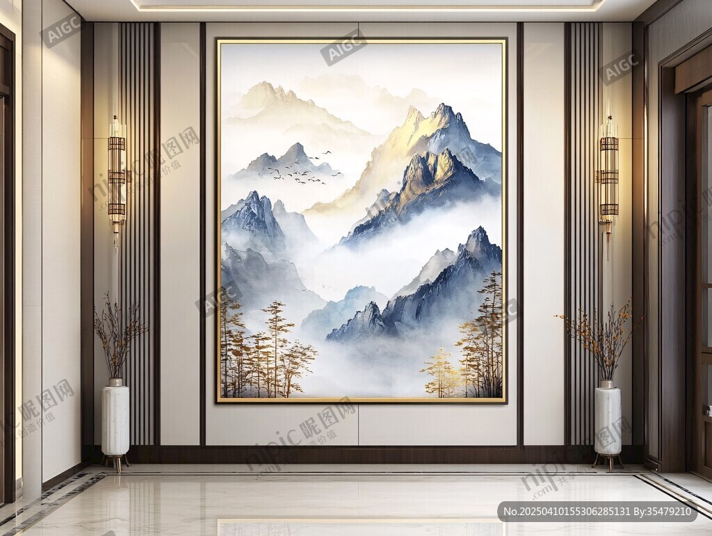 中式玄關山水裝飾畫意境美