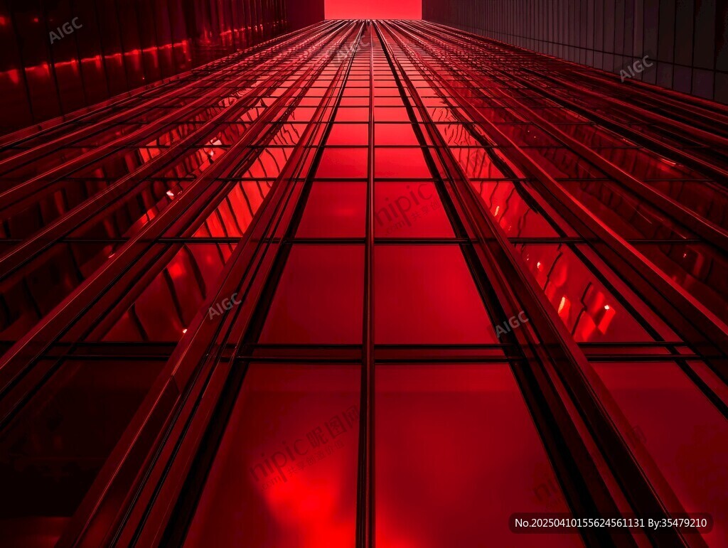 紅色光影下的建筑玻璃幕墻
