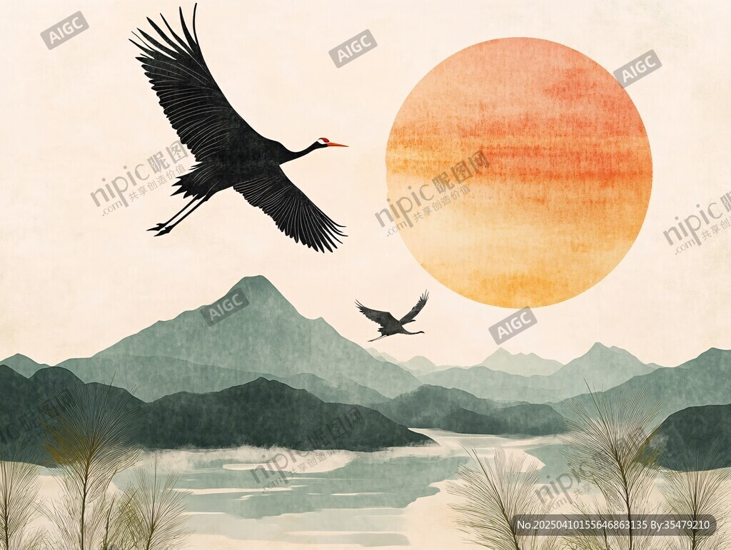夕陽(yáng)下雙鶴翱翔山水間
