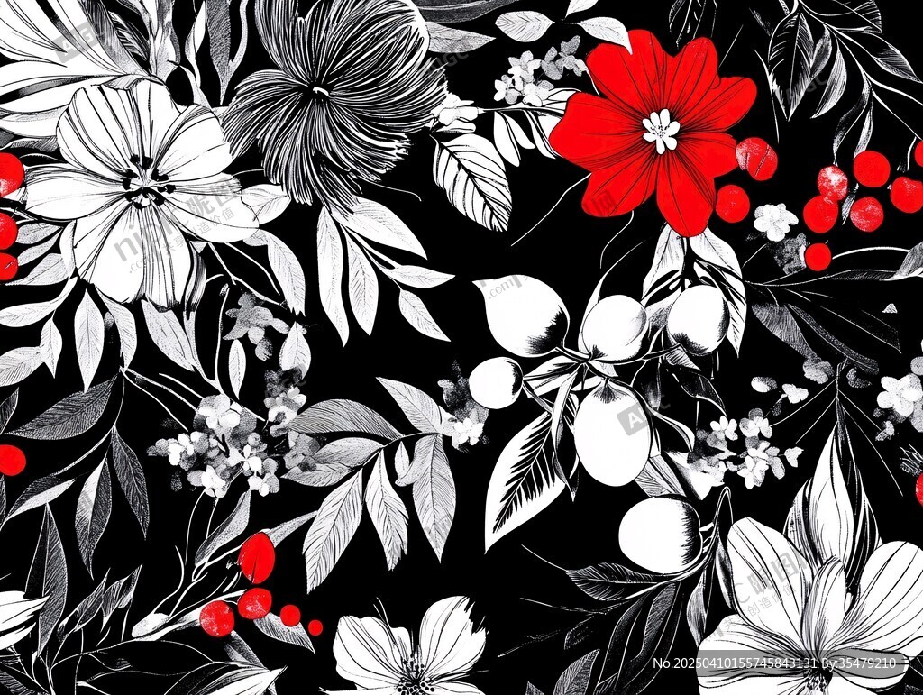 黑白紅花卉圖案精美設(shè)計(jì)