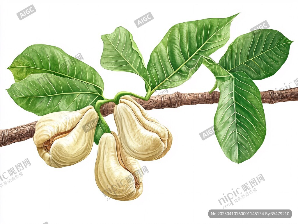 腰果樹(shù)枝葉與果實(shí)插畫(huà)