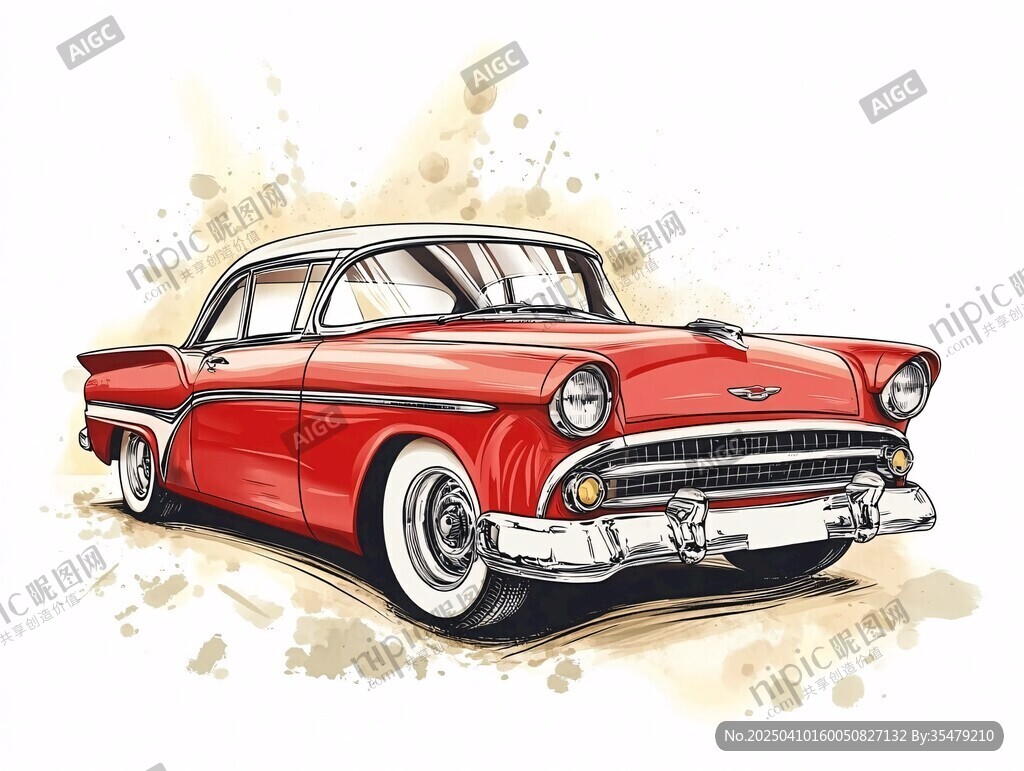復古紅色經典轎車插畫