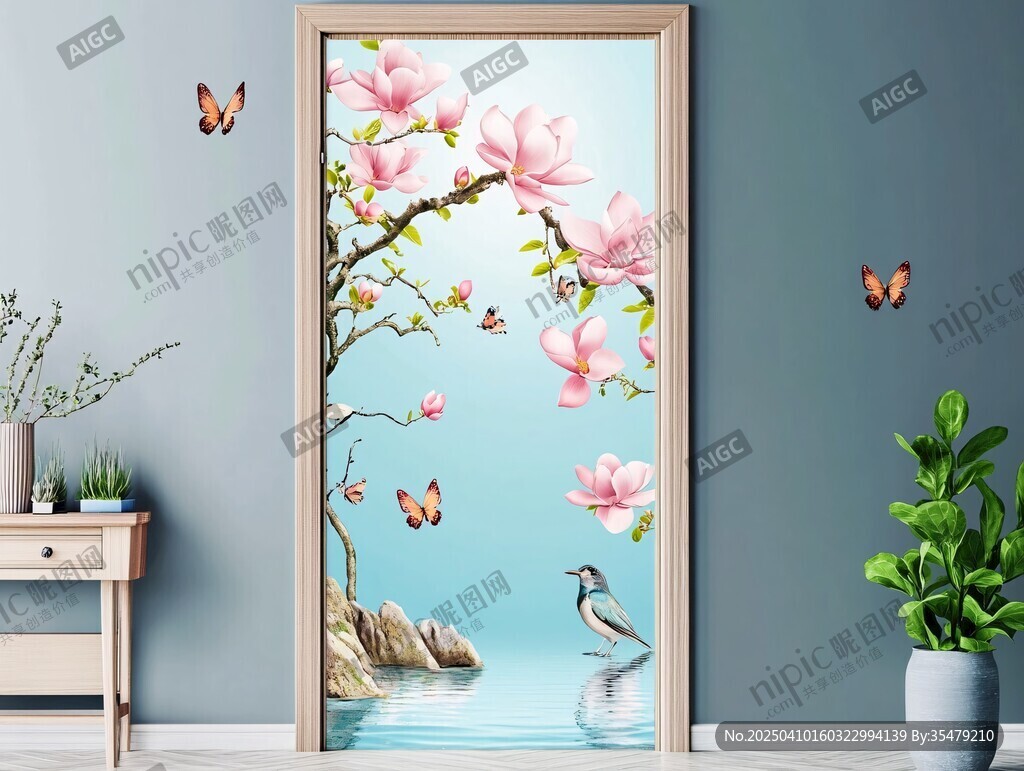玉蘭花鳥(niǎo)門(mén)貼裝飾畫(huà)