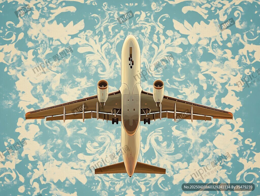 空中飛機(jī)與復(fù)古花紋背景
