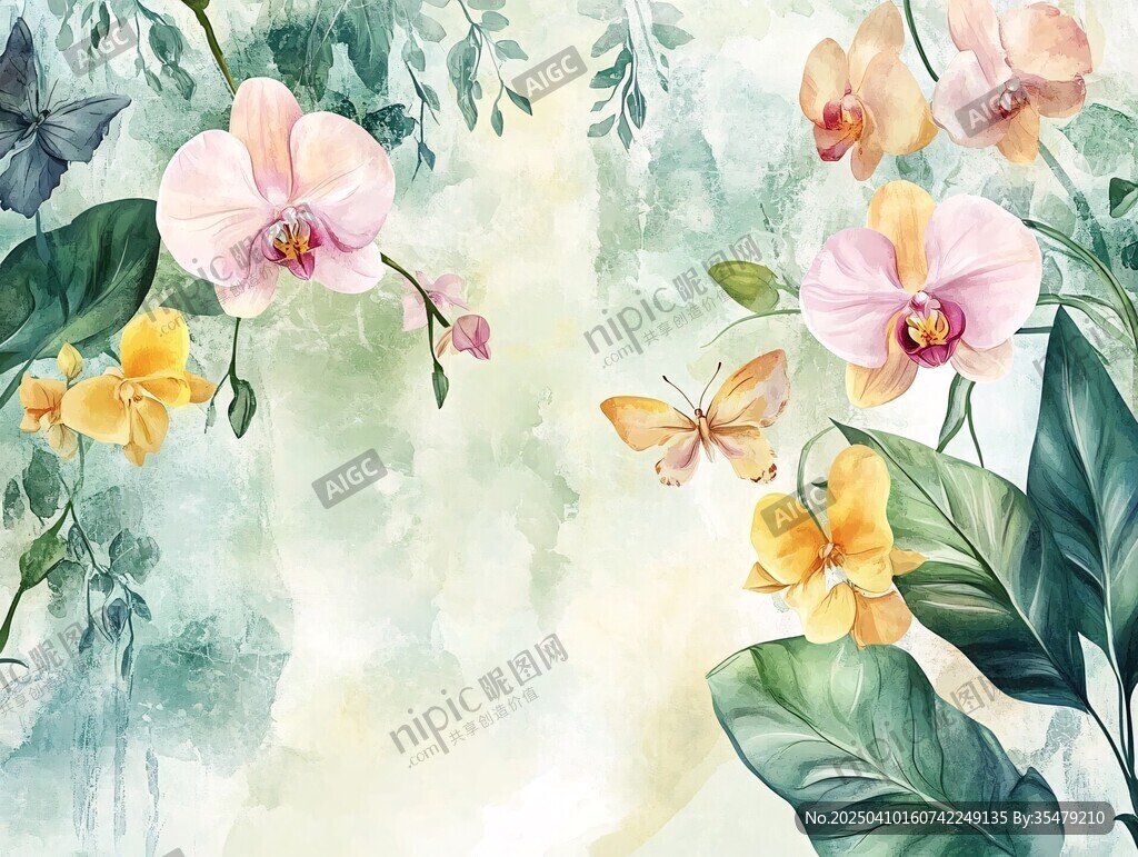水彩風蘭花蝴蝶花卉圖景