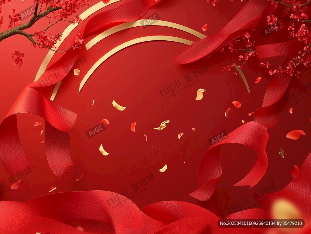 喜慶紅色飄帶中式背景圖