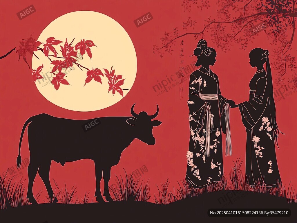 七夕牛郎織女與牛剪影圖