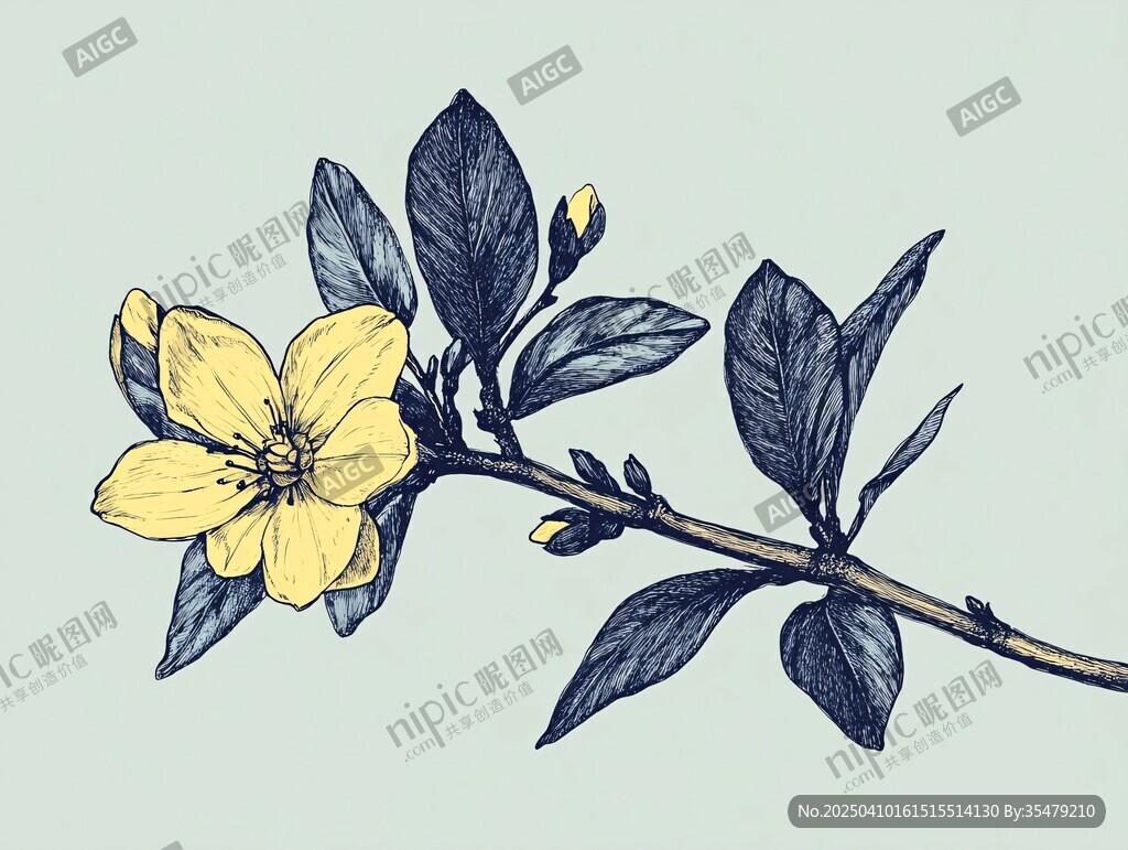 手繪黃色花枝插畫