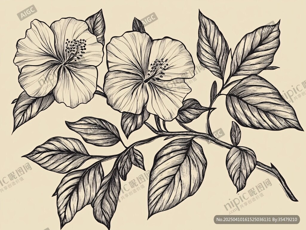 手繪木槿花枝葉圖案