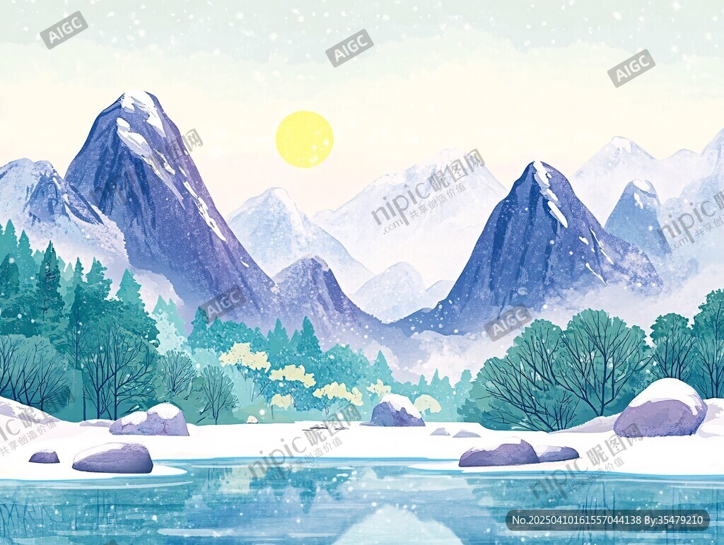 冬日雪山湖泊夢幻美景