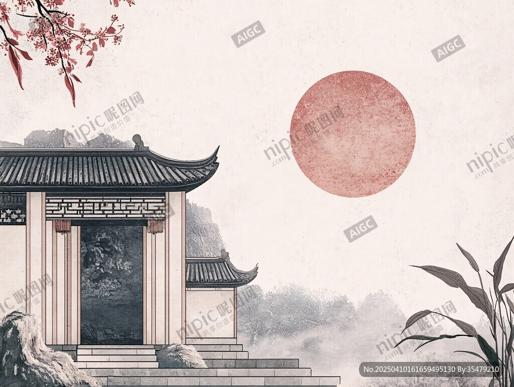 古風(fēng)庭院映紅日