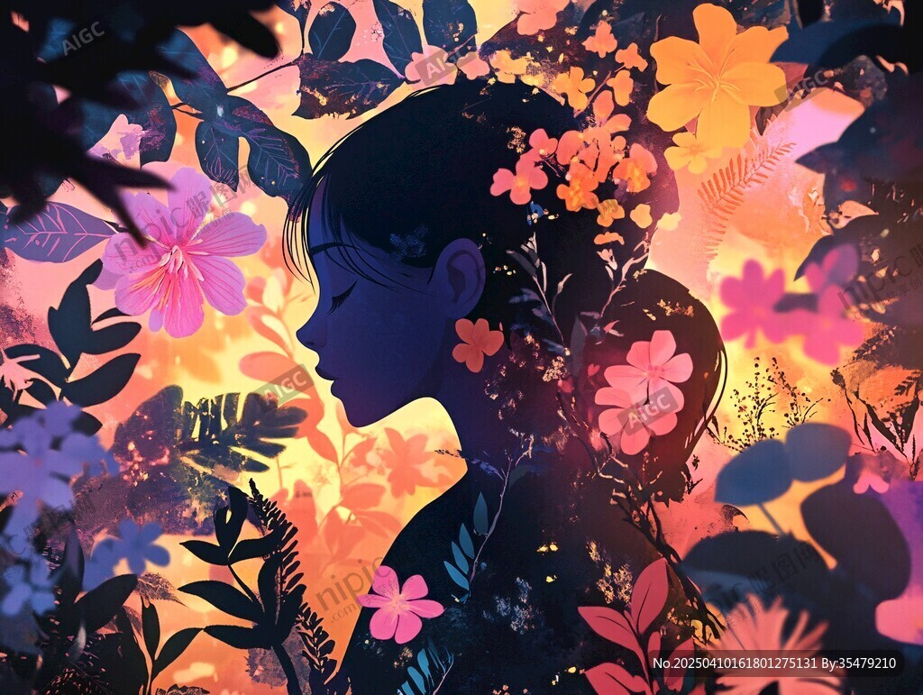 花中少女剪影夢(mèng)幻插畫