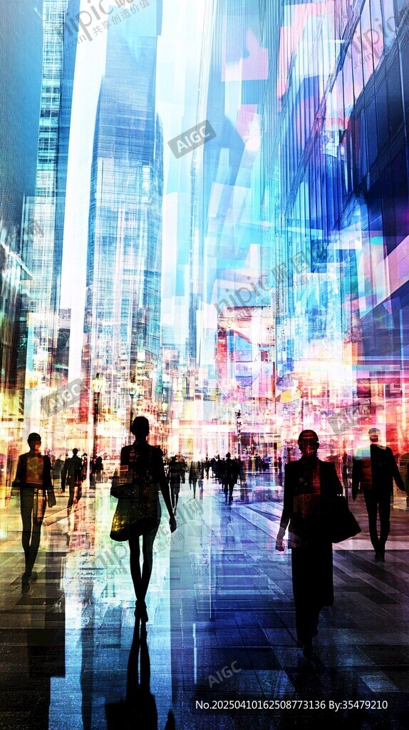 都市繁華夜下的行人身影