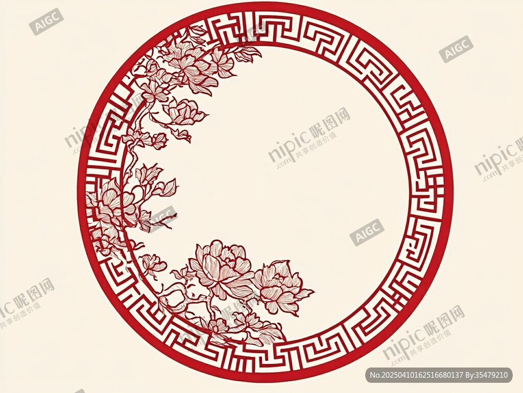 中式花卉回紋圓形邊框圖案