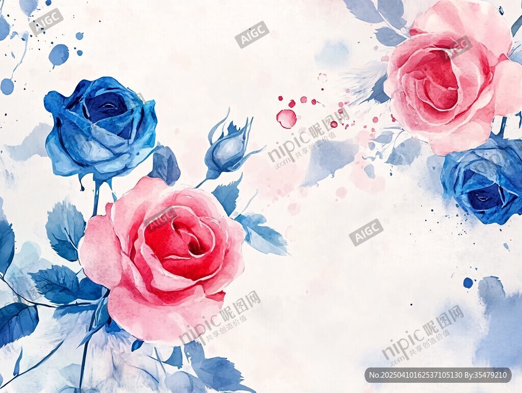 水彩藍粉玫瑰夢幻背景圖