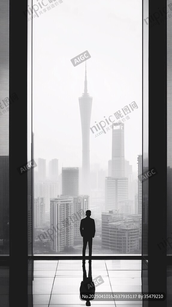 男子窗前眺望繁華都市景