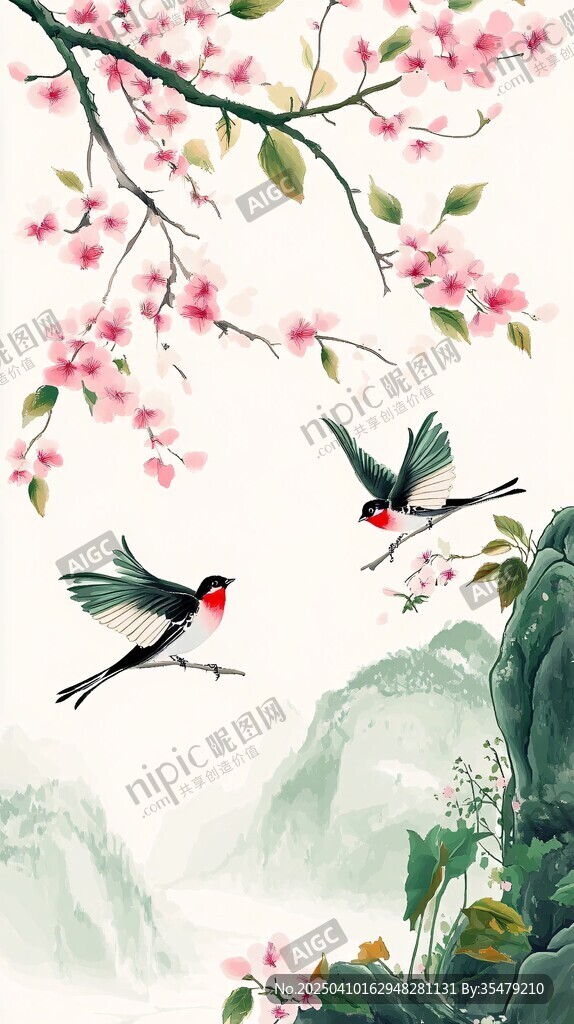 春日雙燕戲花山水圖