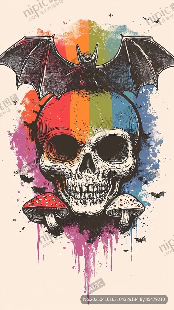 彩虹骷髏與蝙蝠奇幻插畫