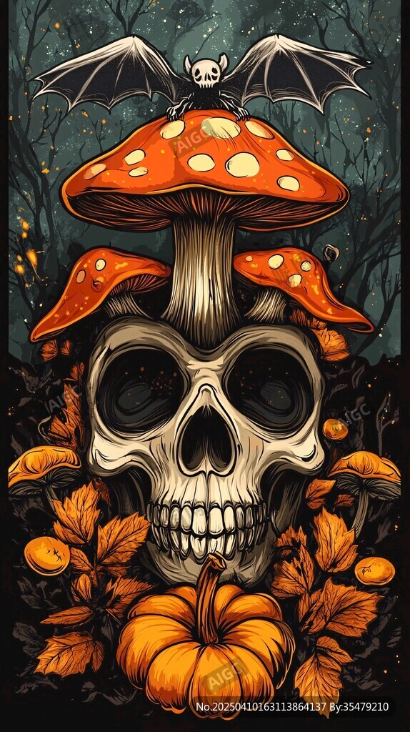 骷髏與奇幻蘑菇萬圣節(jié)圖景