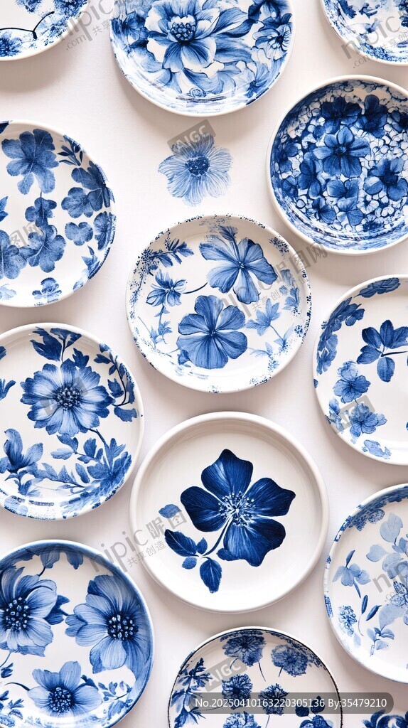 藍(lán)白花卉瓷盤的精美組合