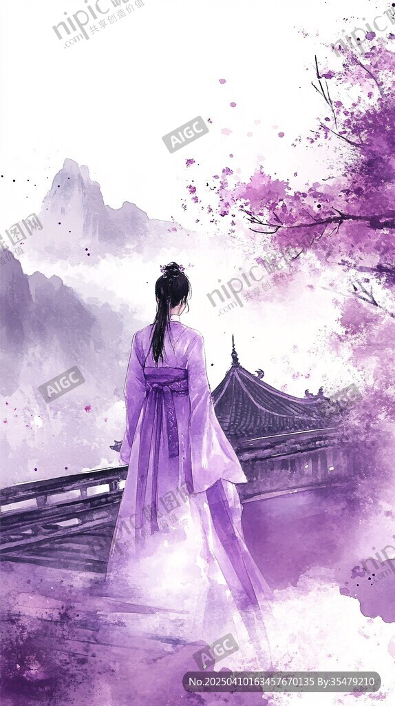 紫衣佳人獨(dú)賞水墨春景