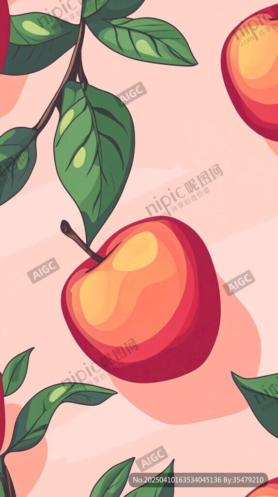 甜美桃子與綠葉插畫圖案