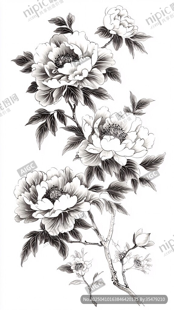 黑白牡丹花卉手繪圖