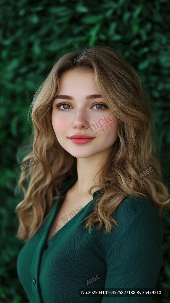 綠衣卷發(fā)的美麗年輕女子