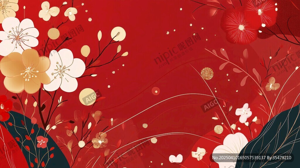 喜慶中式花卉紅色背景圖