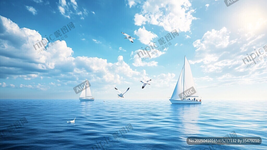 碧海藍天帆船飛鳥景致