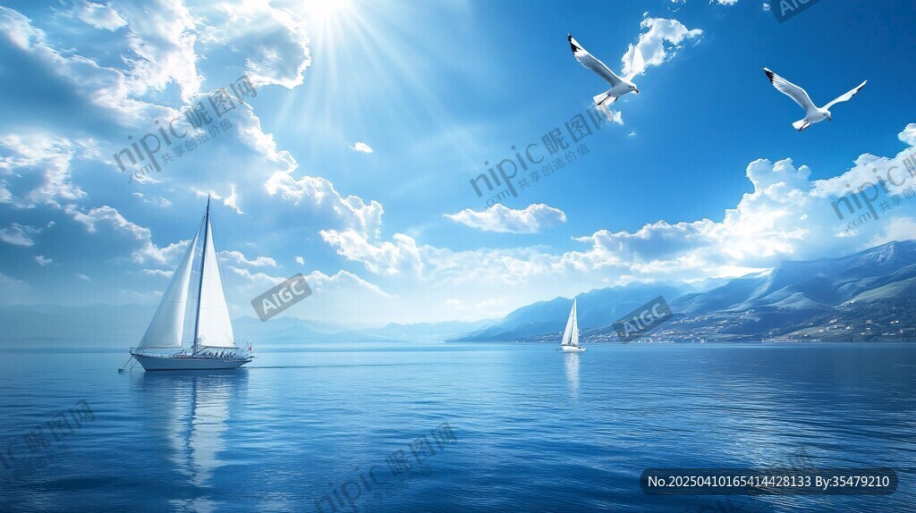 海上帆船與翱翔海鷗美景