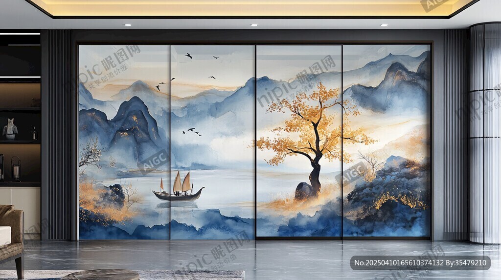 中式山水風客廳背景墻畫