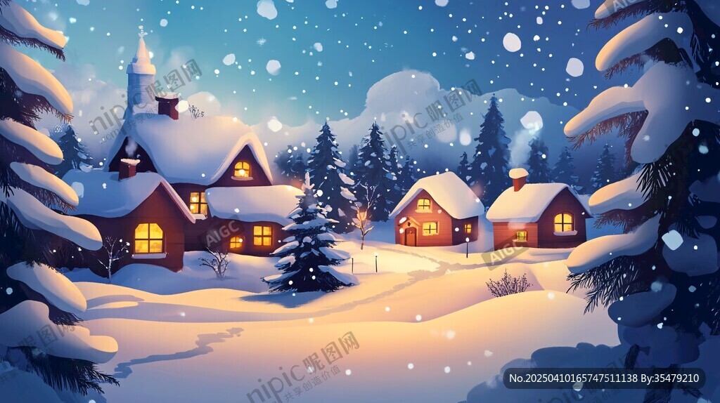冬日雪景中的溫馨小村落