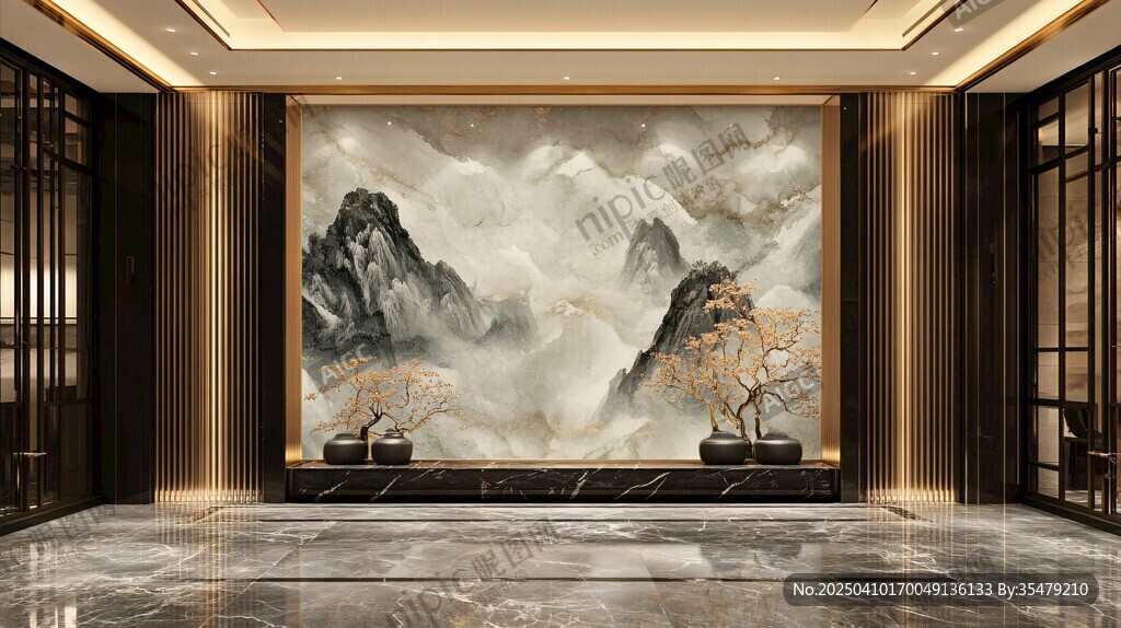 中式大廳水墨山水壁畫裝飾