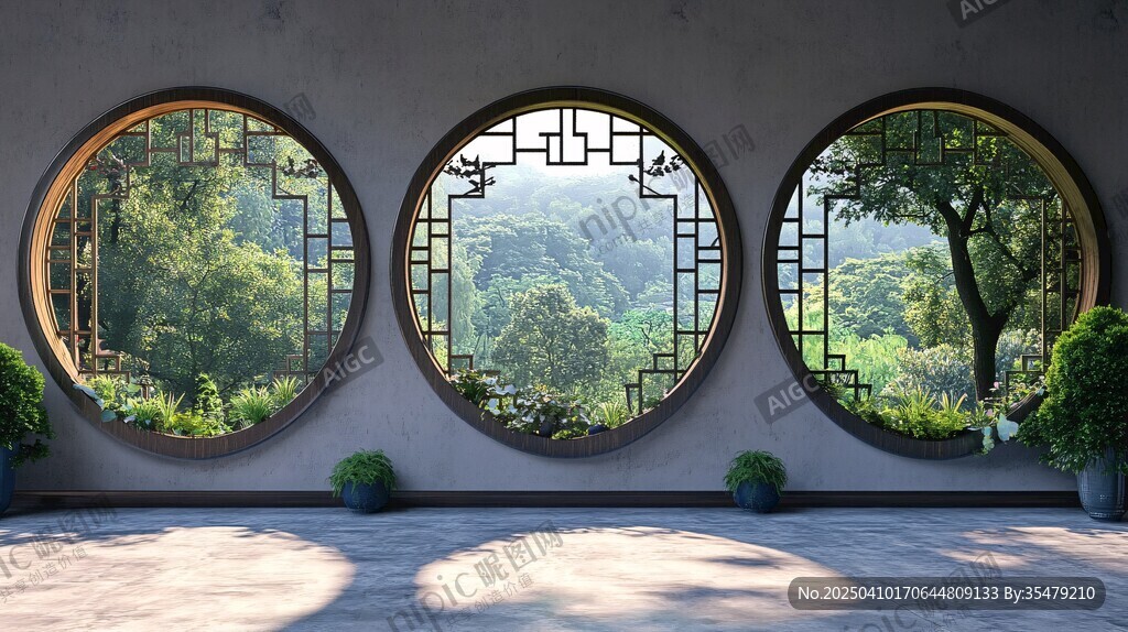 中式圓窗攬自然美景