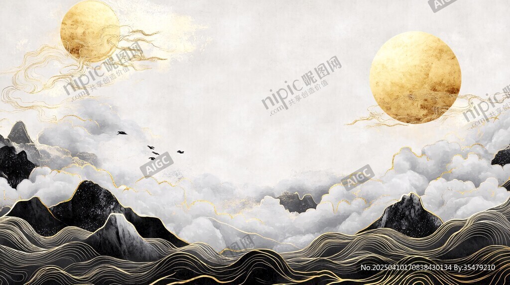 水墨云海雙月山水圖景